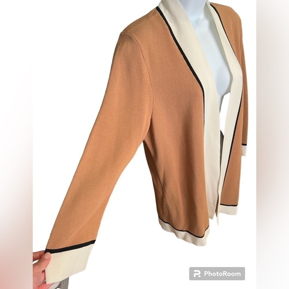 Talbots tan white and black bracelet length sleeve open front cardigan size X - Picture 2 of 6